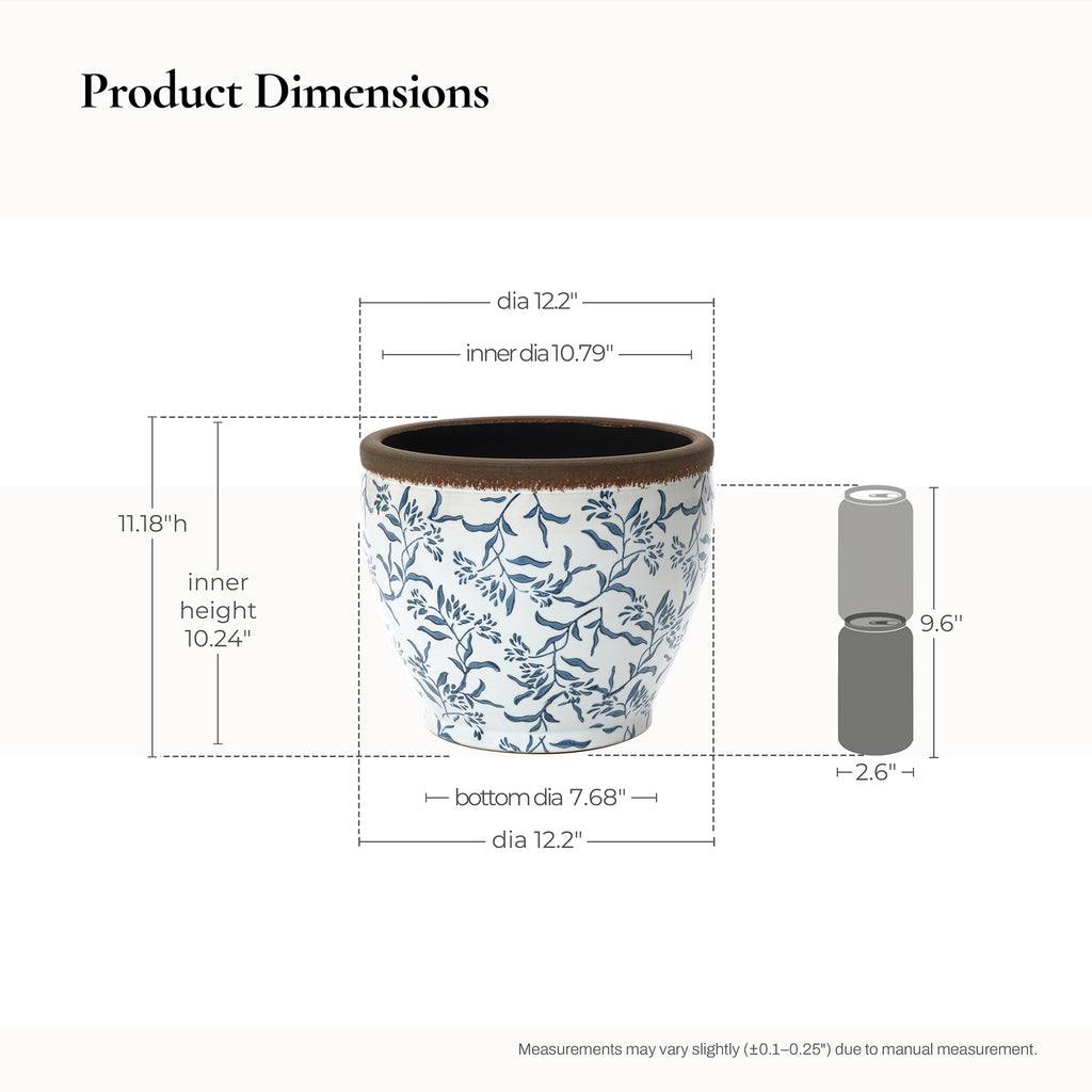 Blue Floral Ceramic Planter, 12.2" Round, Indoor & Outdoor Garden Pot