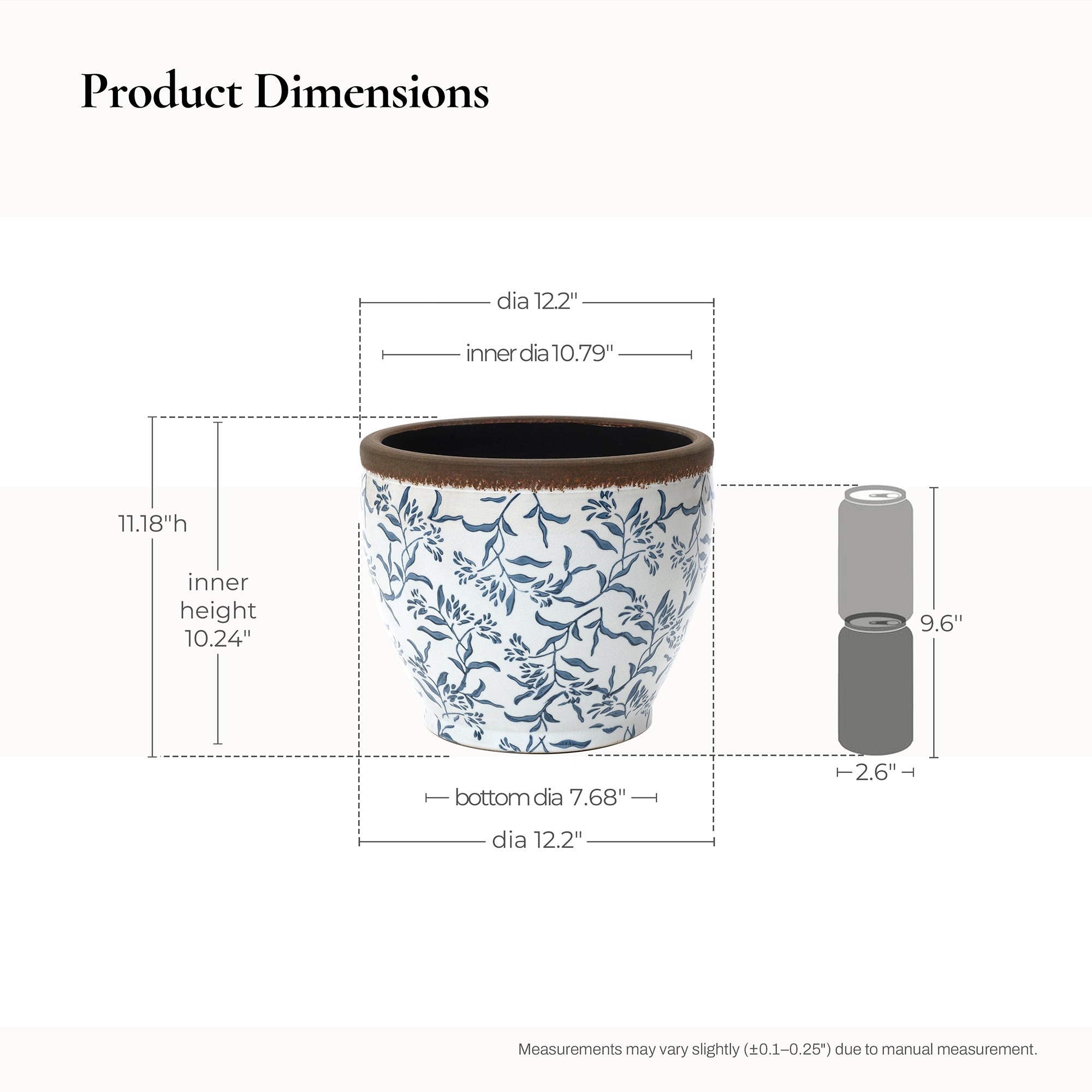 Blue Floral Ceramic Planter, 12.2" Round, Indoor & Outdoor Garden Pot