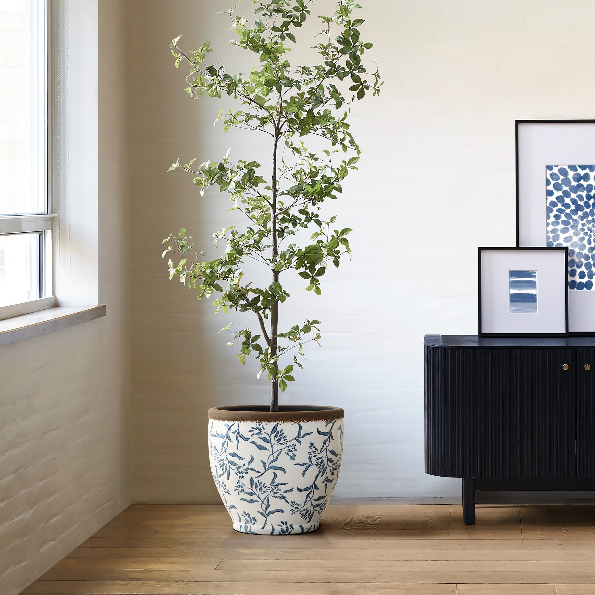 Blue Floral Ceramic Planter, 12.2" Round, Indoor & Outdoor Garden Pot