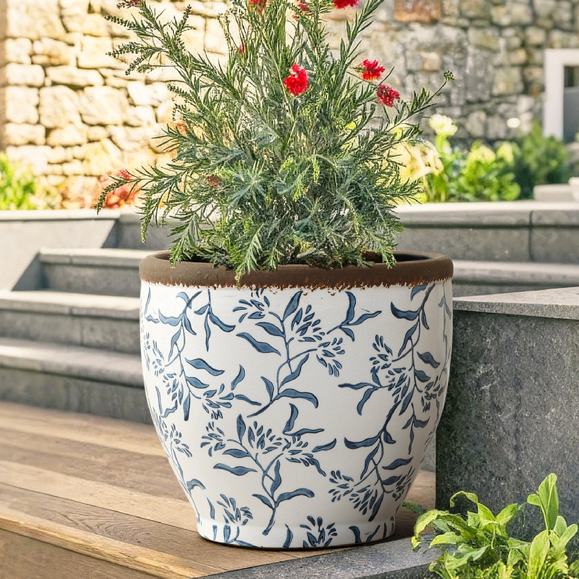 Blue Floral Ceramic Planter, 12.2" Round, Indoor & Outdoor Garden Pot