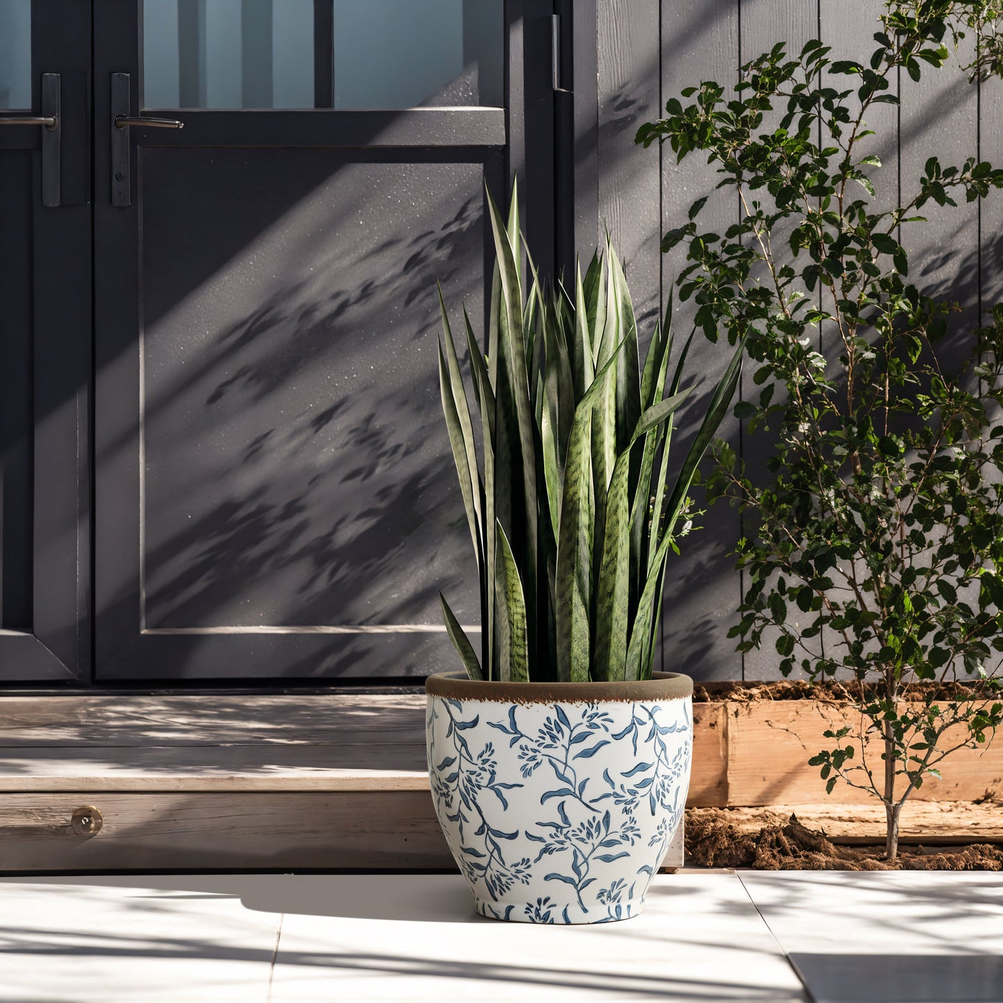 Strata Ceramic Round Planter, Blue Floral, 11"