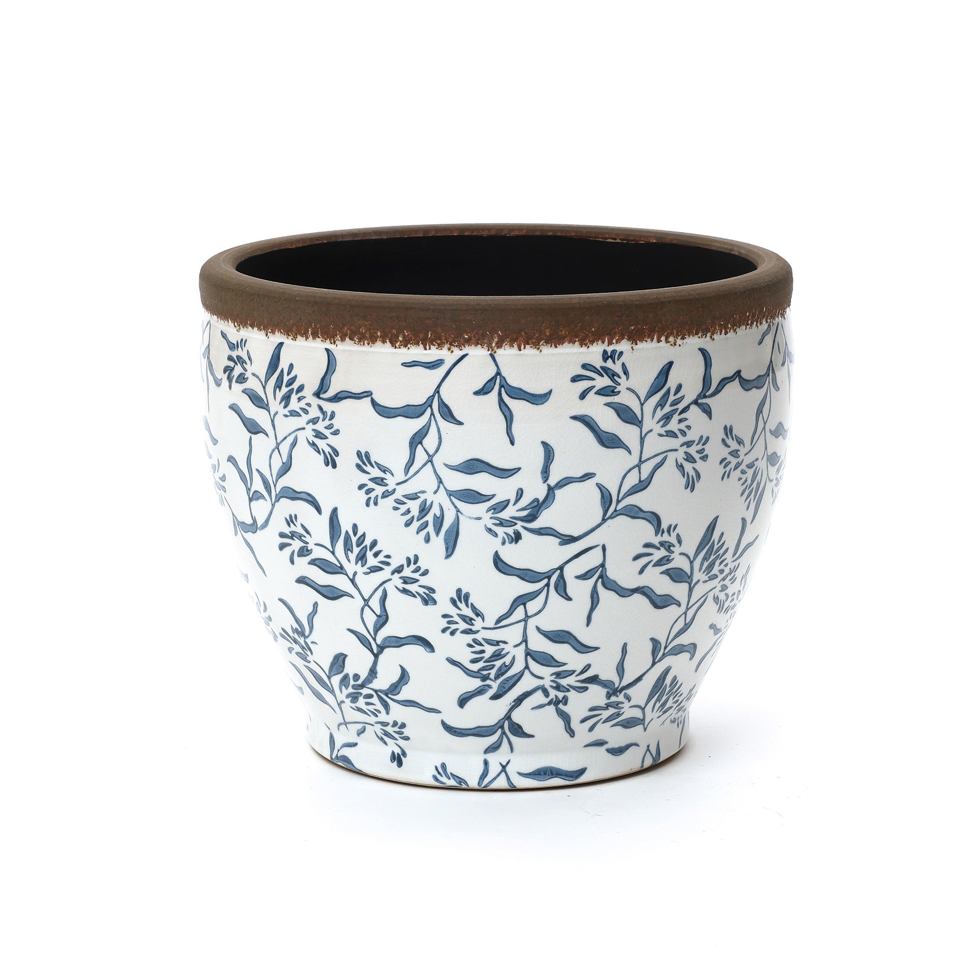 Blue Floral Ceramic Planter, 12.2" Round, Indoor & Outdoor Garden Pot