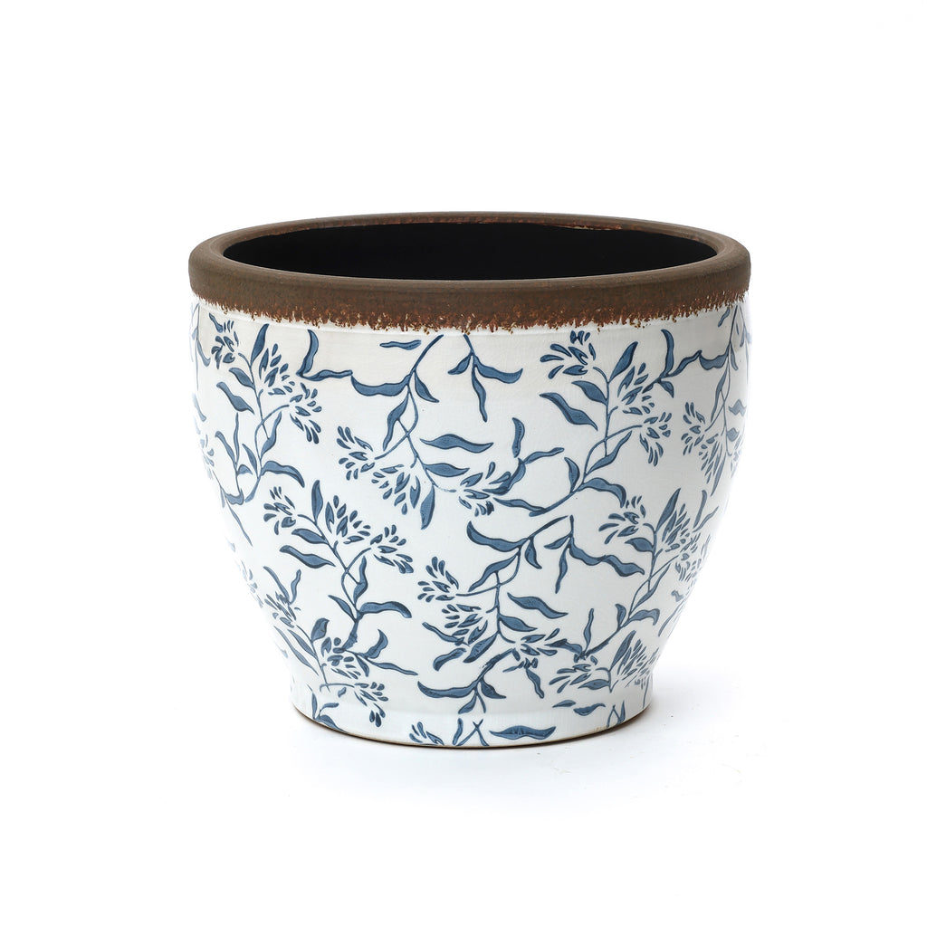Blue Floral Ceramic Planter, 12.2" Round, Indoor & Outdoor Garden Pot