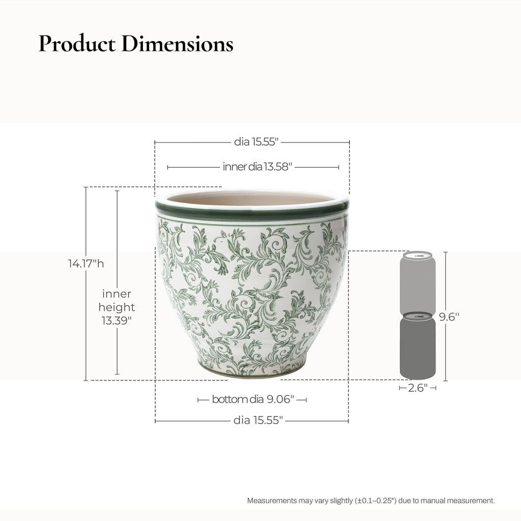 Green Paisley Ceramic Planter, 15.55" Round, Indoor & Outdoor Flower Pot