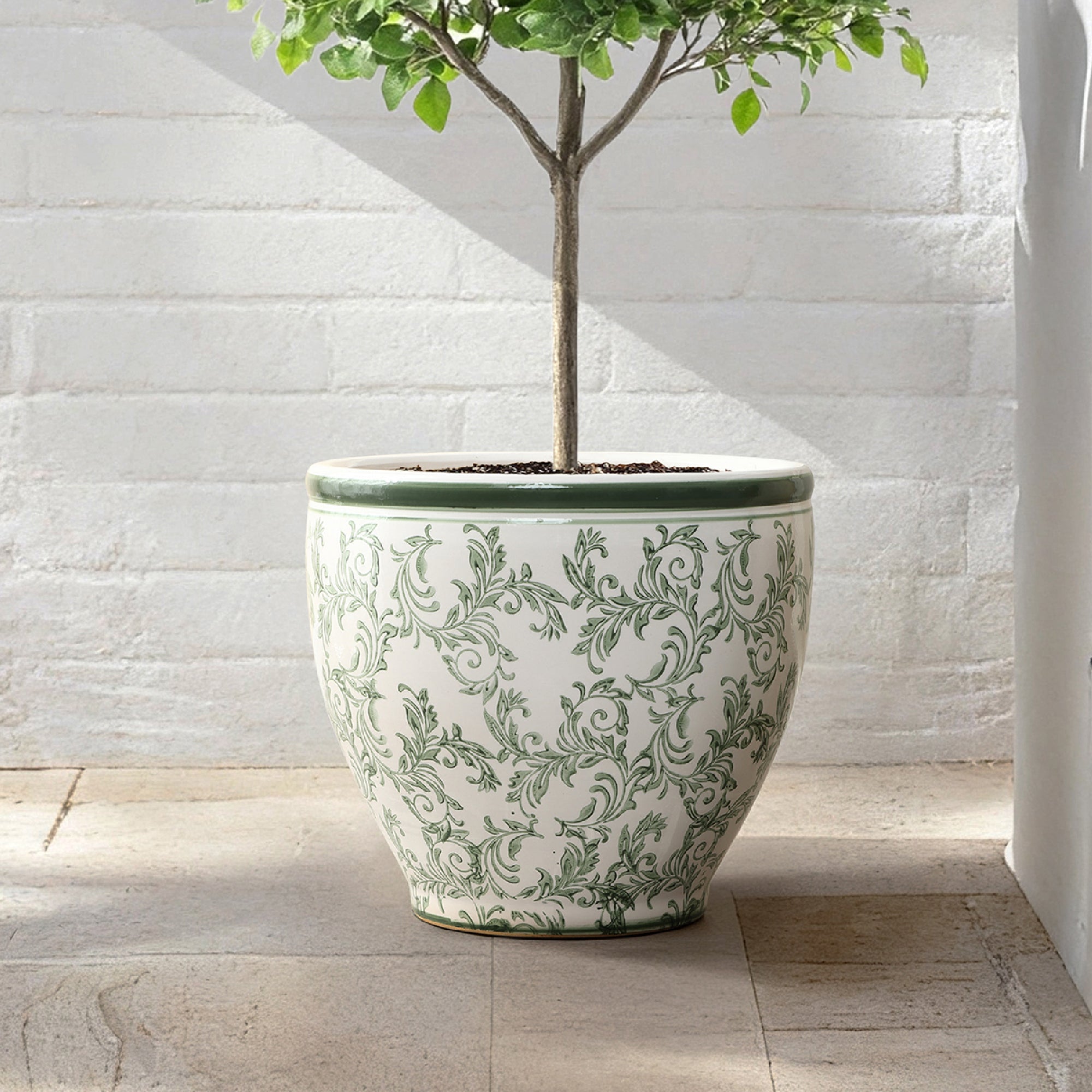 Green Paisley Ceramic Planter, 15.55" Round, Indoor & Outdoor Flower Pot