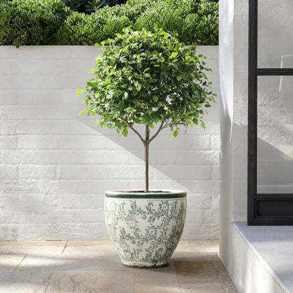 Sylvan Ceramic Round Planter, Green Paisley, 14"