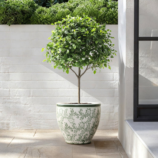 Sylvan Ceramic Round Planter, Green Paisley, 14"