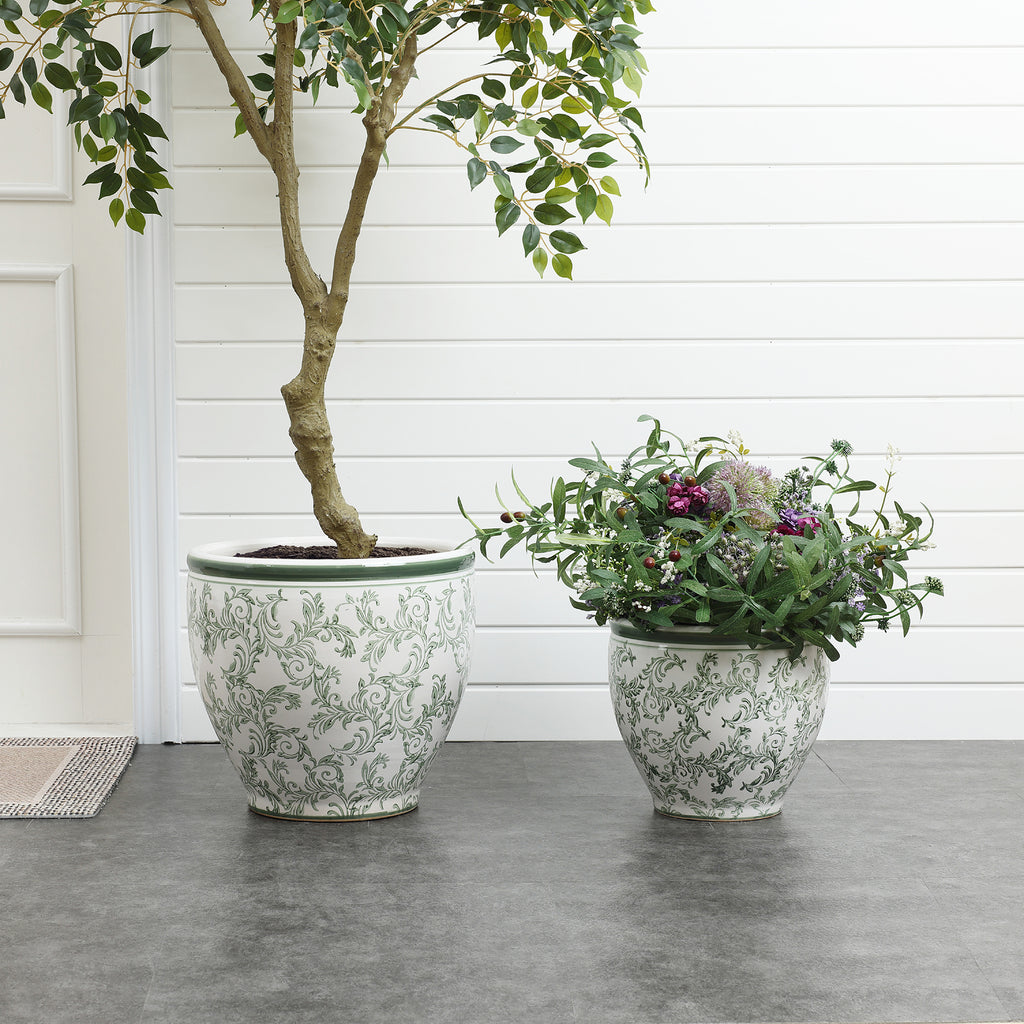 Green Paisley Ceramic Planter, 15.55" Round, Indoor & Outdoor Flower Pot