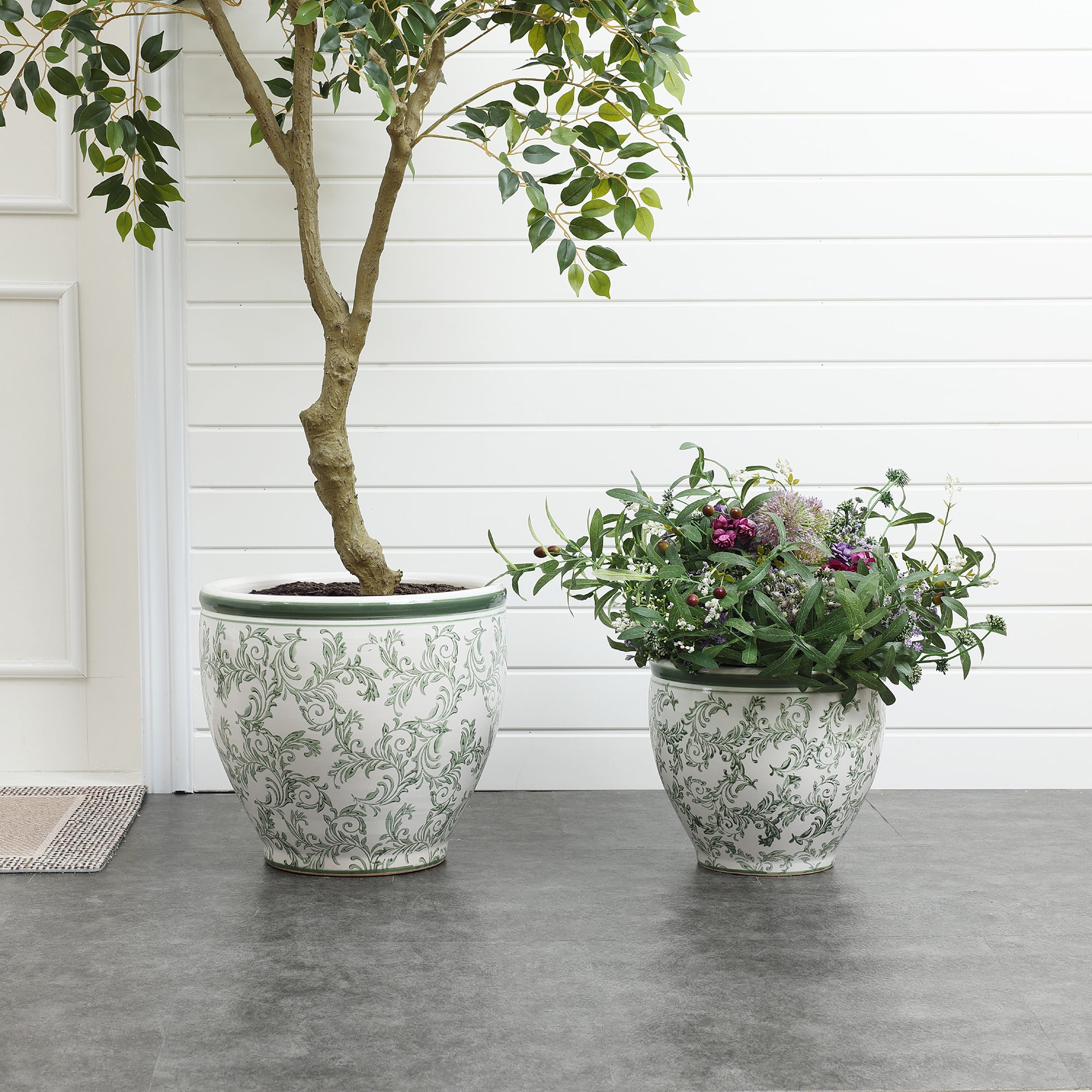 Green Paisley Ceramic Planter, 15.55" Round, Indoor & Outdoor Flower Pot