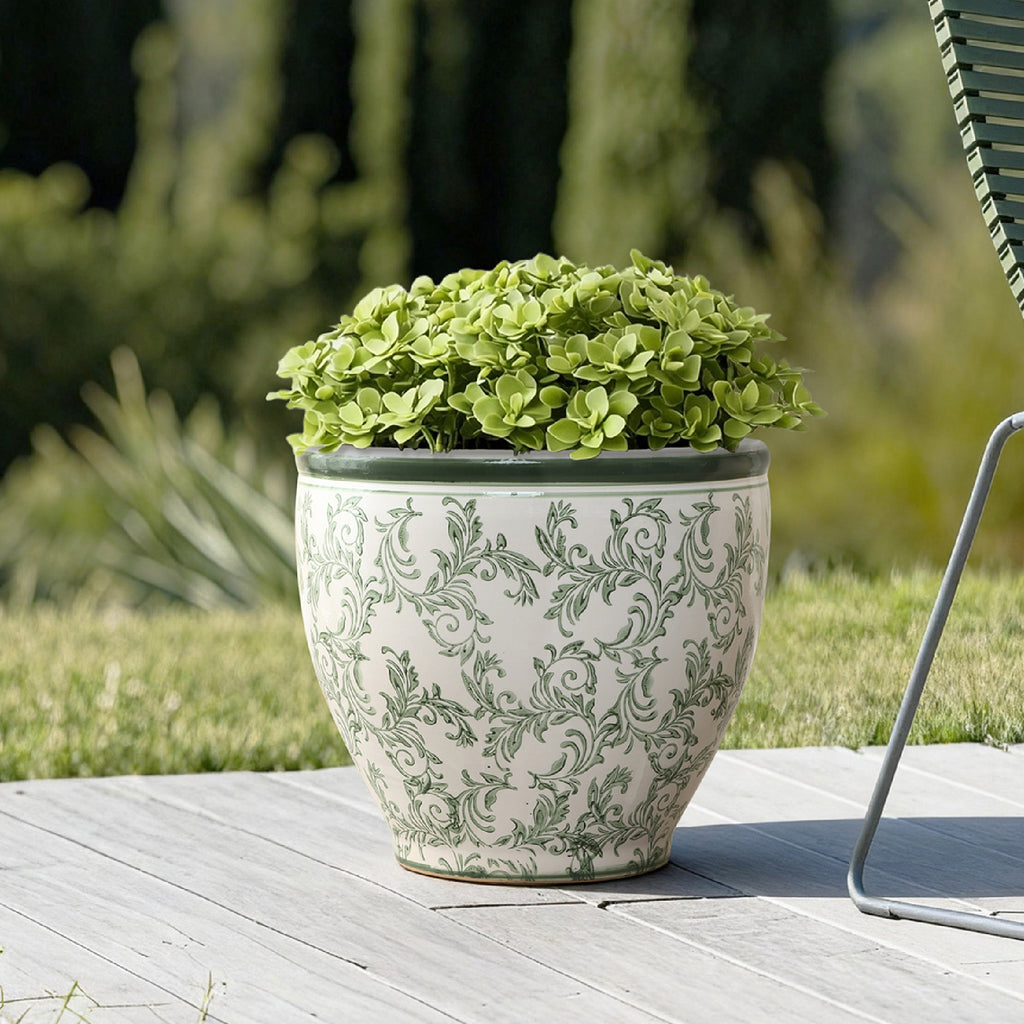 Green Paisley Ceramic Planter, 15.55" Round, Indoor & Outdoor Flower Pot