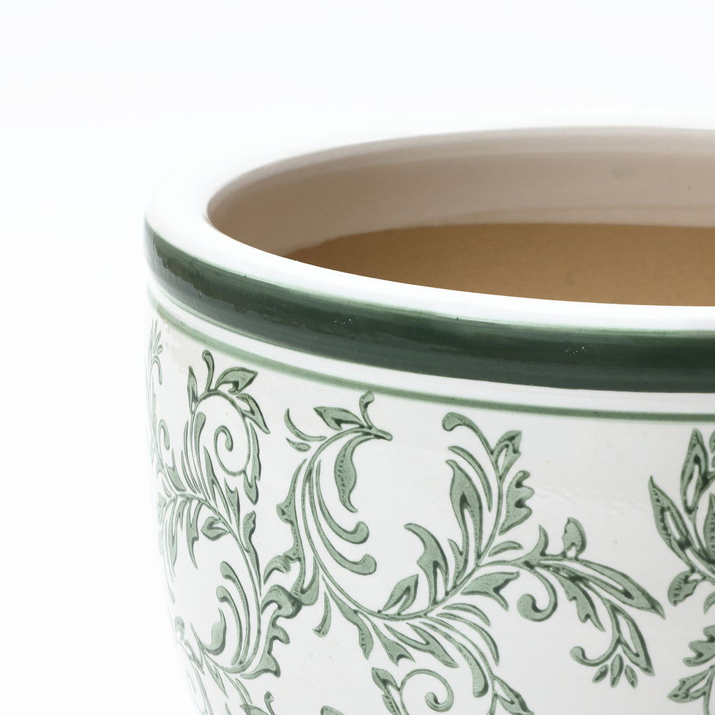 Green Paisley Ceramic Planter, 15.55" Round, Indoor & Outdoor Flower Pot
