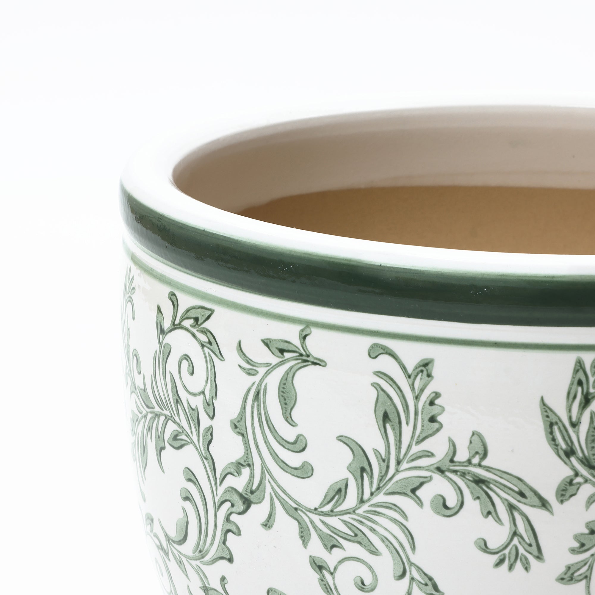 Green Paisley Ceramic Planter, 15.55" Round, Indoor & Outdoor Flower Pot