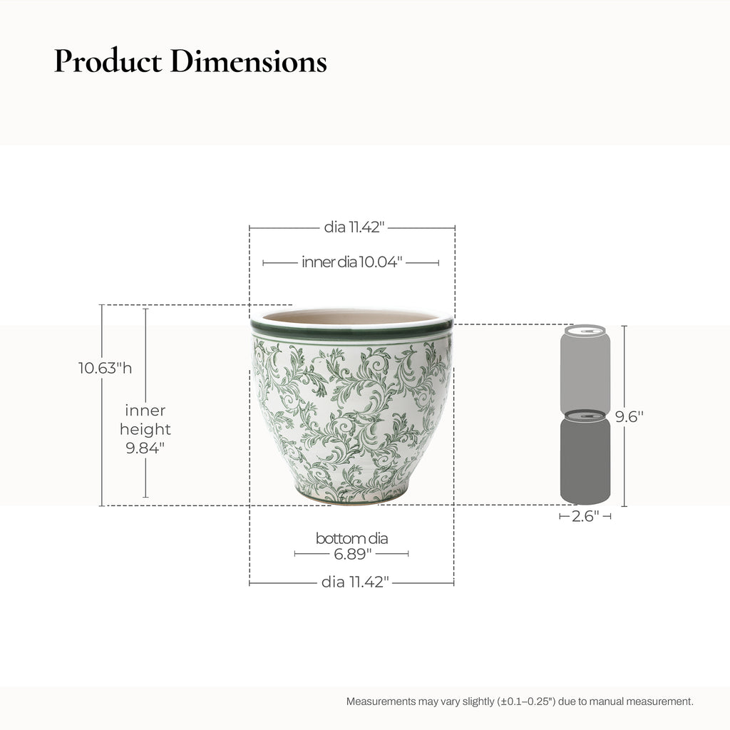 Green Paisley Ceramic Planter, 11.42" Round, Indoor & Outdoor Flower Pot
