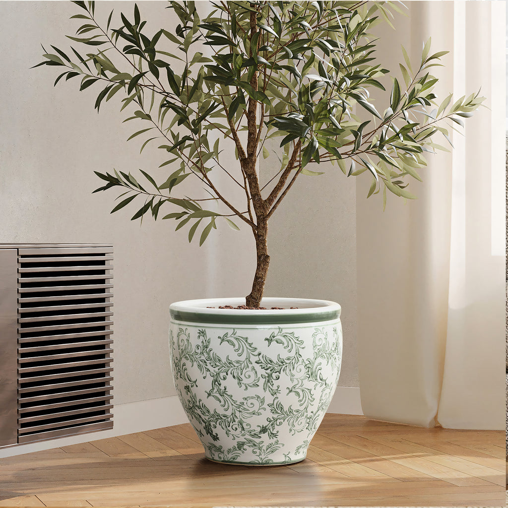 Green Paisley Ceramic Planter, 11.42" Round, Indoor & Outdoor Flower Pot
