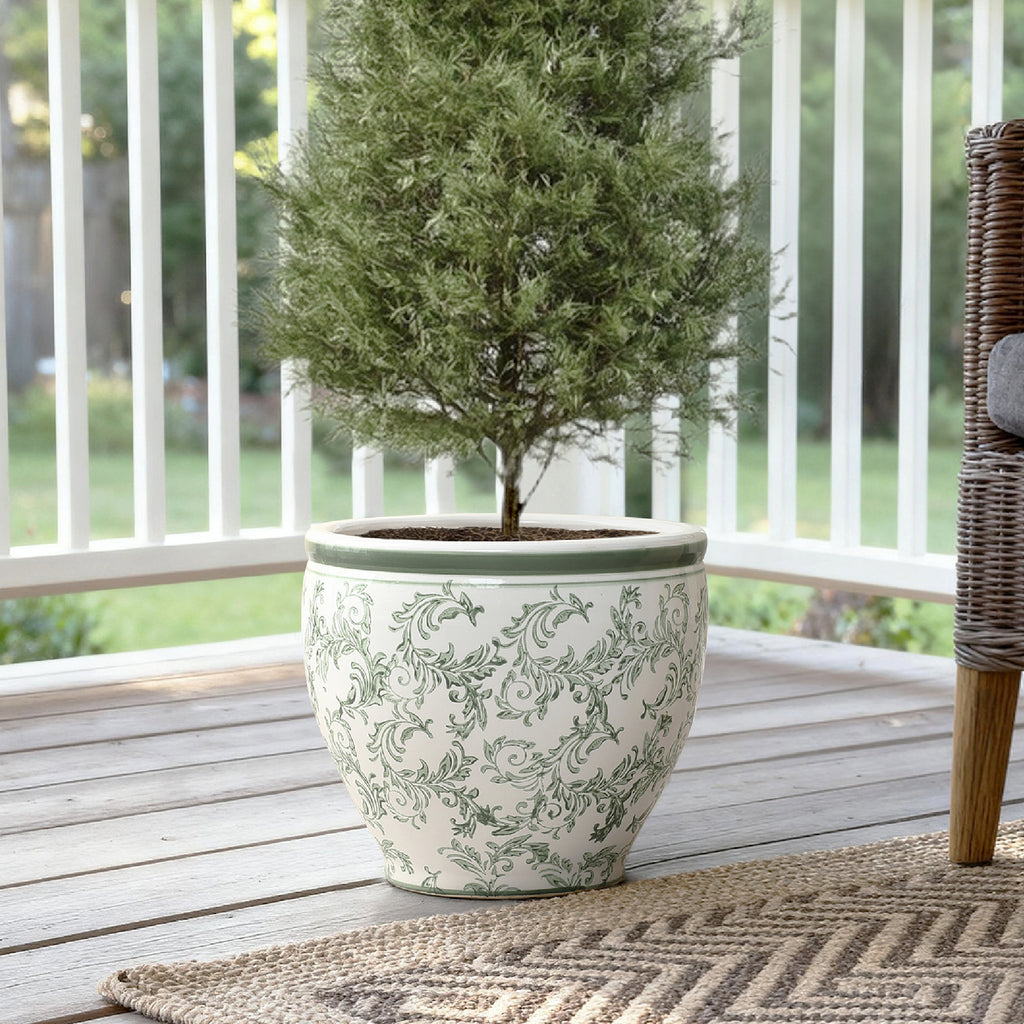 Green Paisley Ceramic Planter, 11.42" Round, Indoor & Outdoor Flower Pot