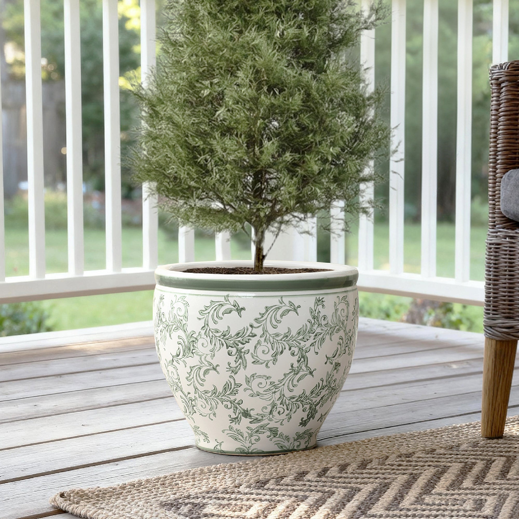 Green Paisley Ceramic Planter, 11.42" Round, Indoor & Outdoor Flower Pot