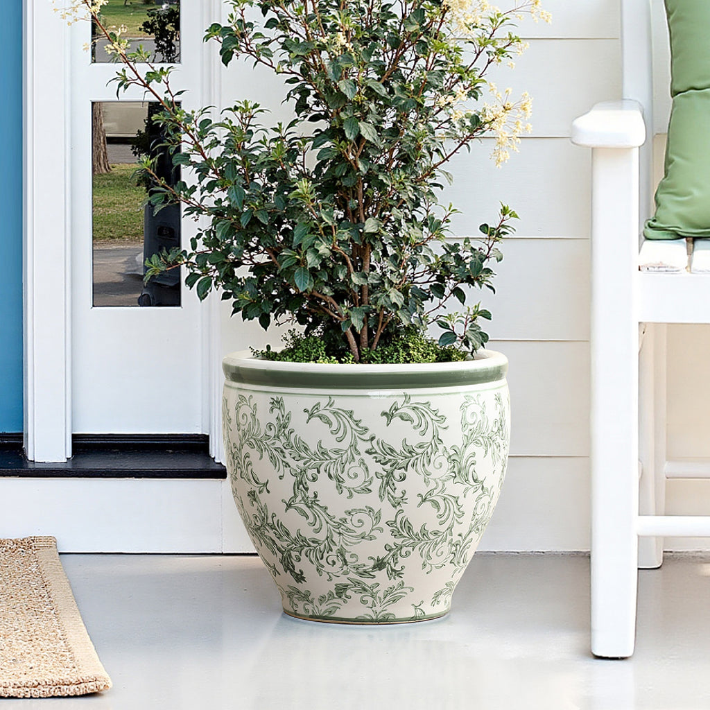 Green Paisley Ceramic Planter, 11.42" Round, Indoor & Outdoor Flower Pot
