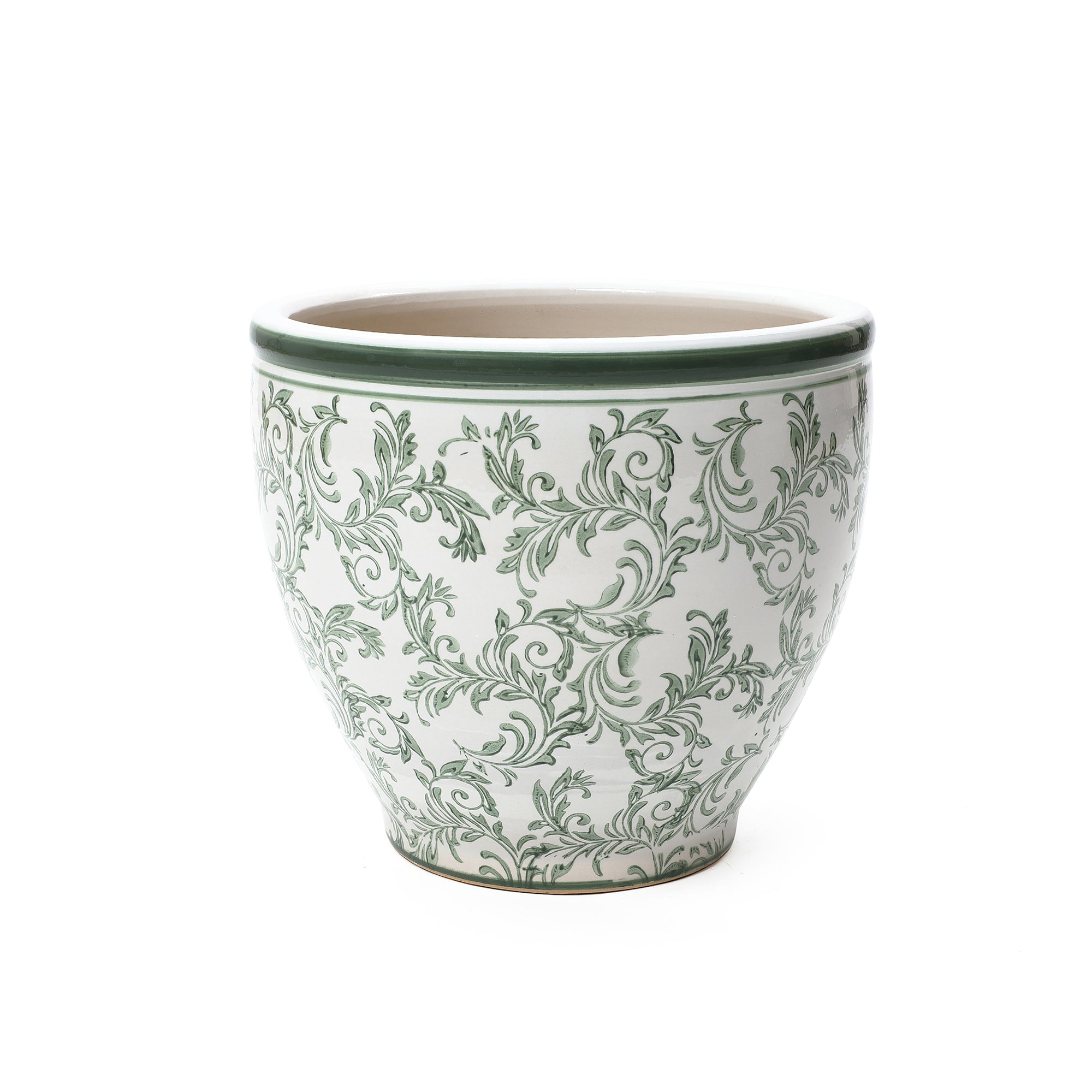 Green Paisley Ceramic Planter, 11.42" Round, Indoor & Outdoor Flower Pot