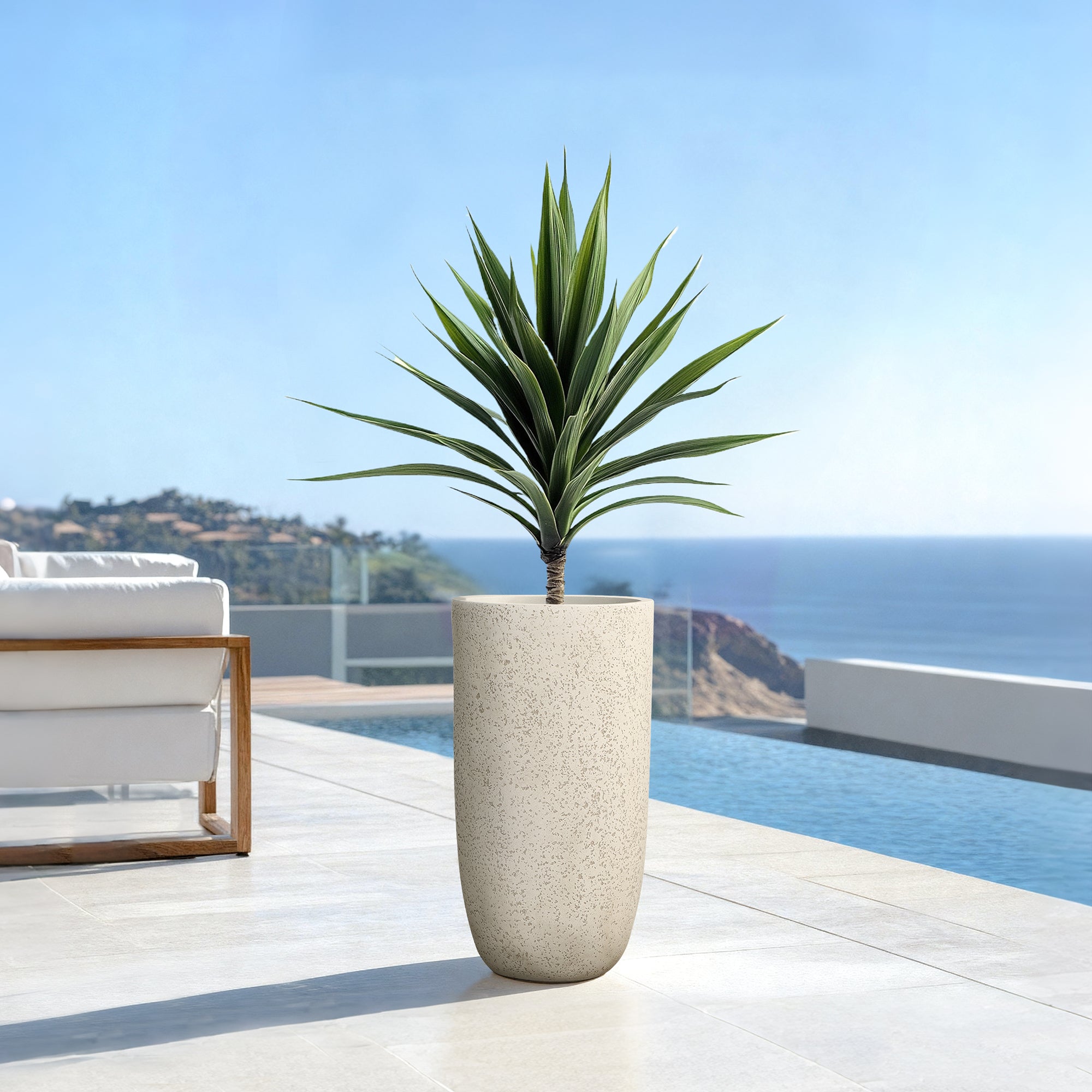 22.72" Tall Round Tapered Planter, Travertine Stone Finish, Garden Pot