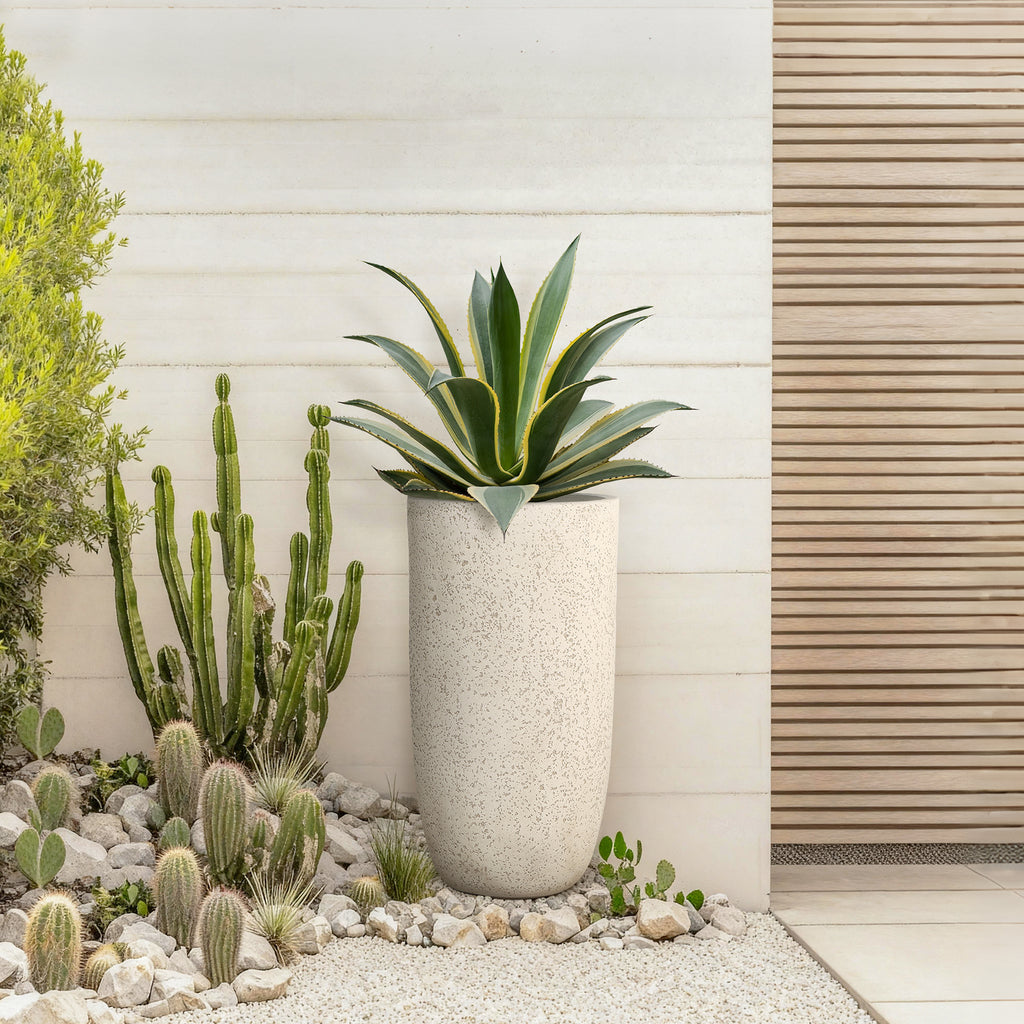 22.72" Tall Round Tapered Planter, Travertine Stone Finish, Garden Pot