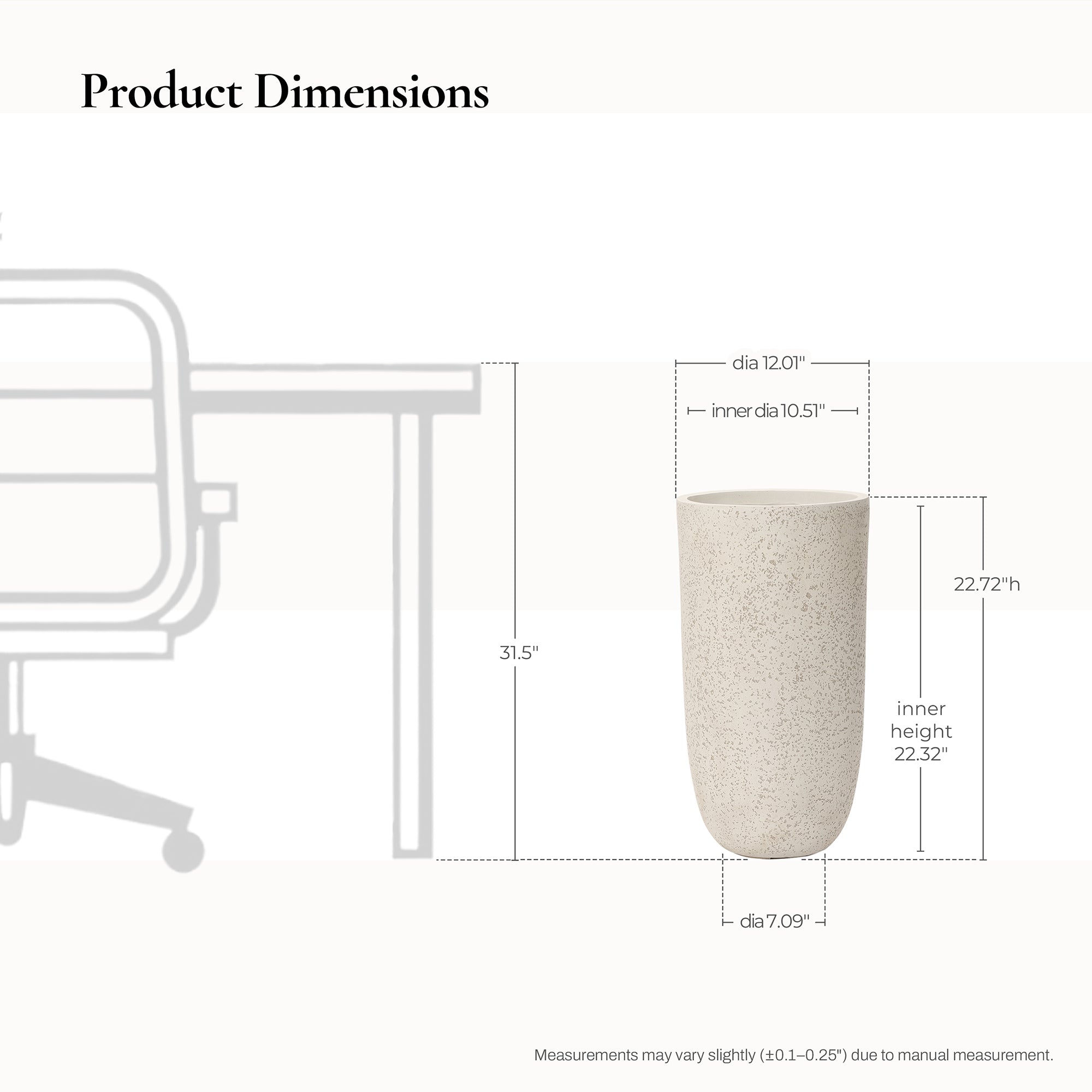 22.72" Tall Round Tapered Planter, Travertine Stone Finish, Garden Pot