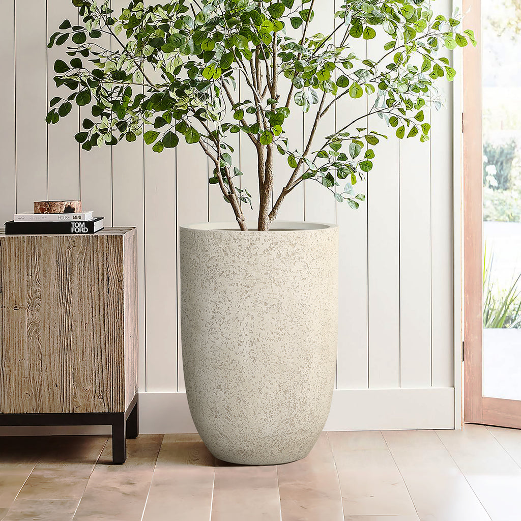 23.5" Tall Round Tapered Planter, Travertine Stone Finish, Garden Pot