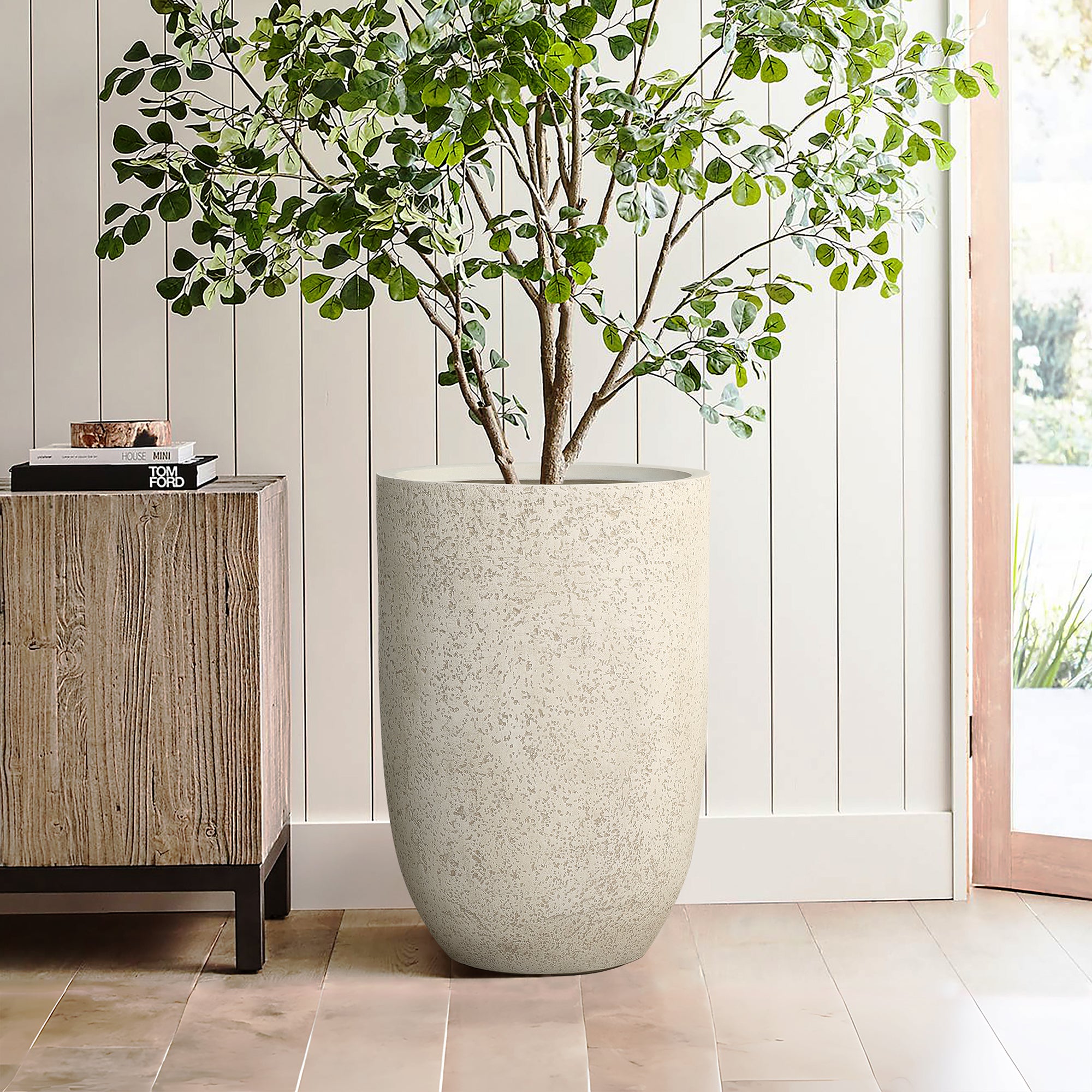 23.5" Tall Round Tapered Planter, Travertine Stone Finish, Garden Pot