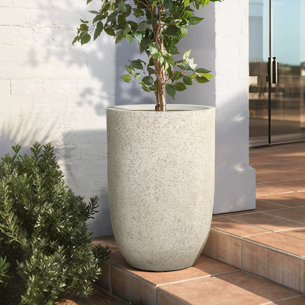 23.5" Tall Round Tapered Planter, Travertine Stone Finish, Garden Pot