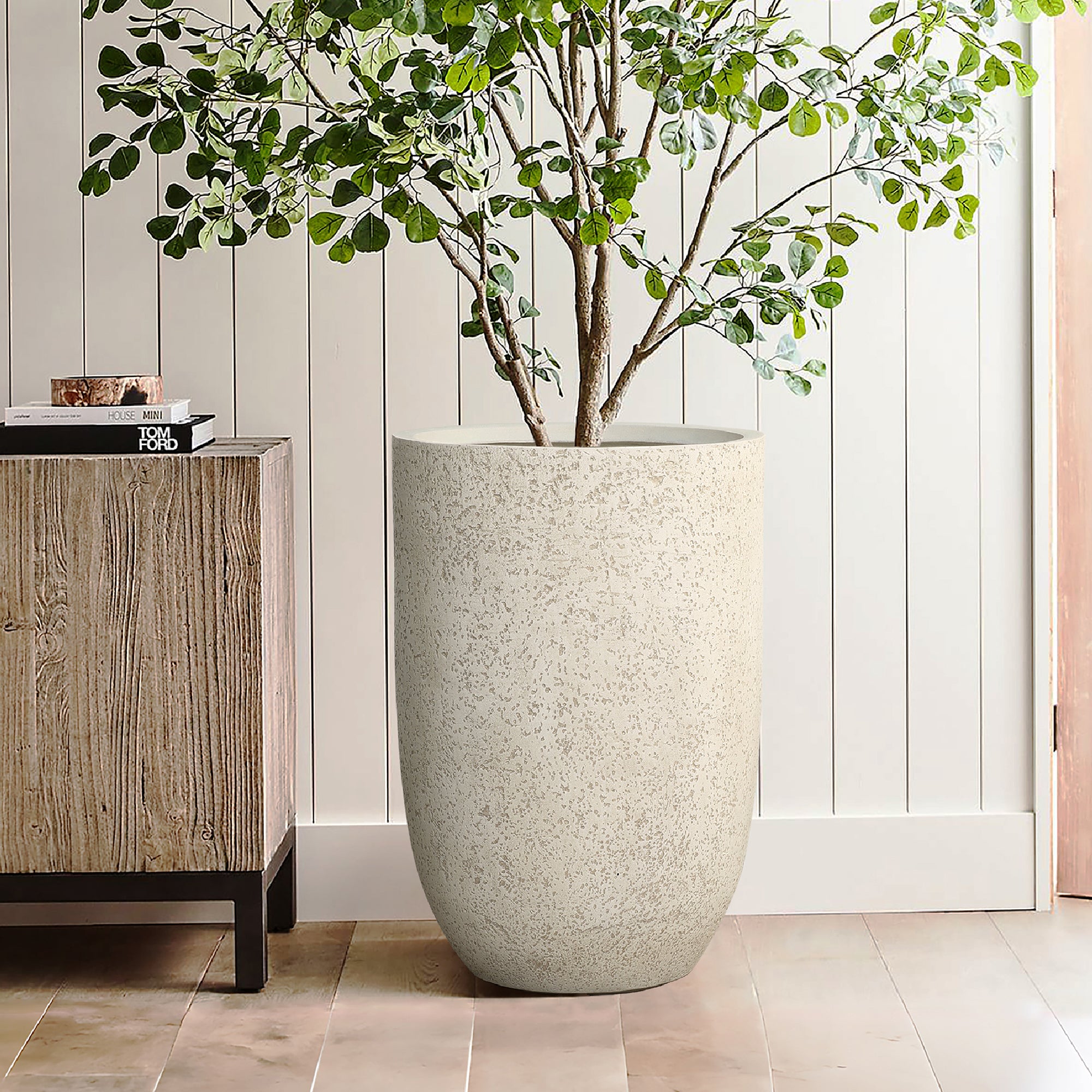 23.5" Tall Round Tapered Planter, Travertine Stone Finish, Garden Pot