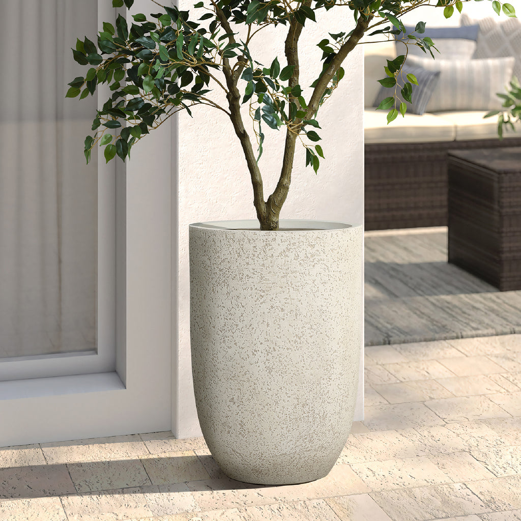 23.5" Tall Round Tapered Planter, Travertine Stone Finish, Garden Pot
