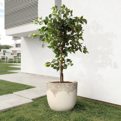 Sierra Round Travertine Stone-Textured Mgo Planter, Off-White, 14.5"