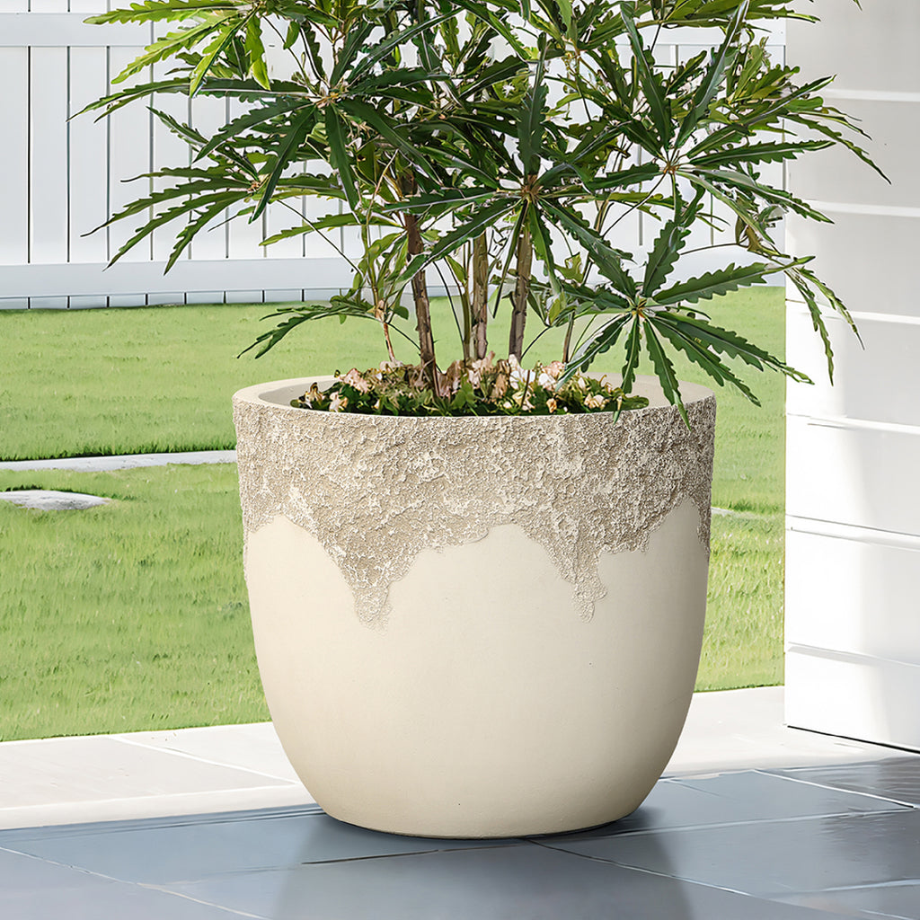 Antique Travertine 15.75" Round Planter, Off-White Tapered Pot