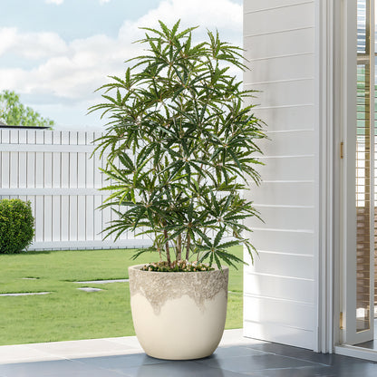 Sierra Round Travertine Stone-Textured Mgo Planter, Off-White, 14.5"