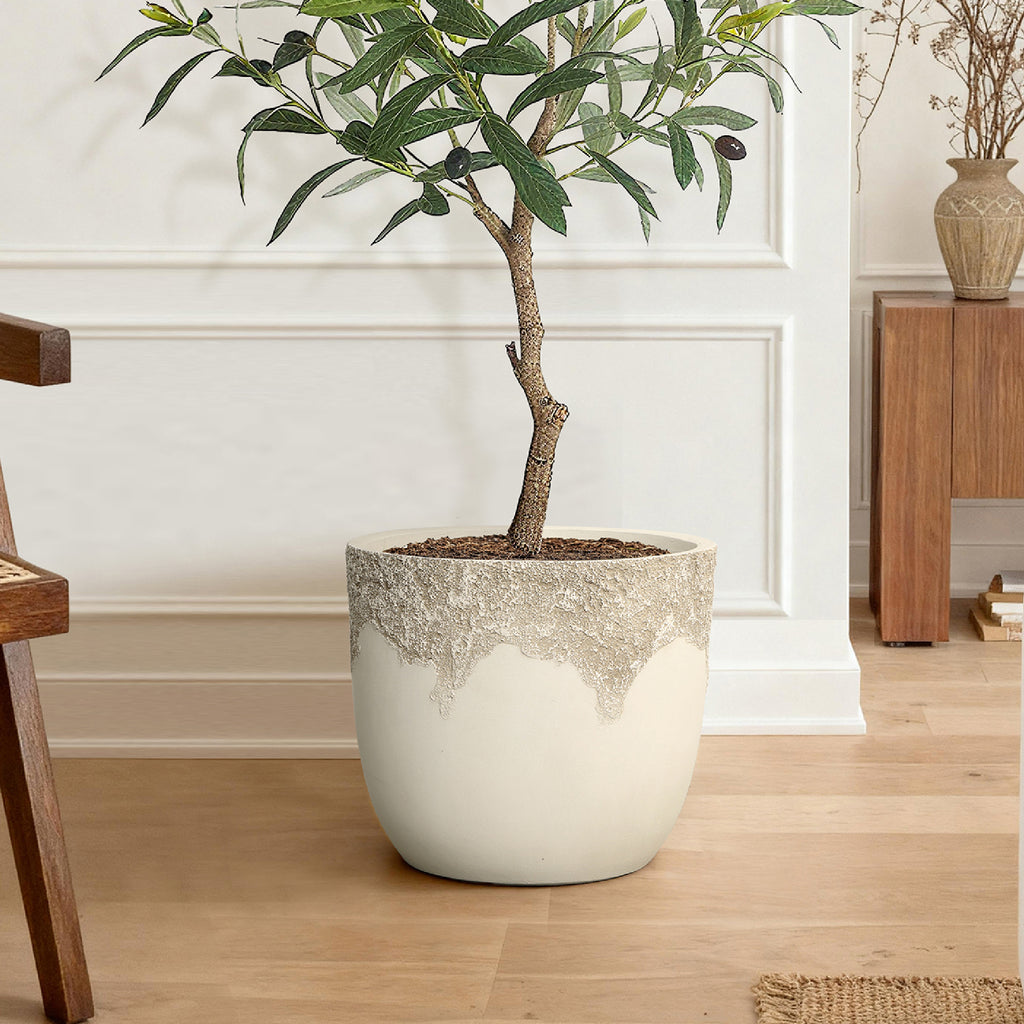 Antique Travertine 15.75" Round Planter, Off-White Tapered Pot