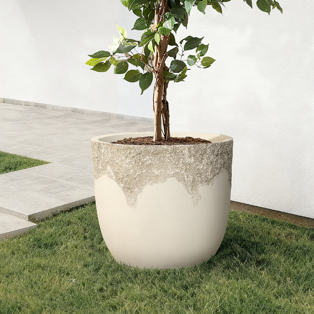 Antique Travertine 15.75" Round Planter, Off-White Tapered Pot