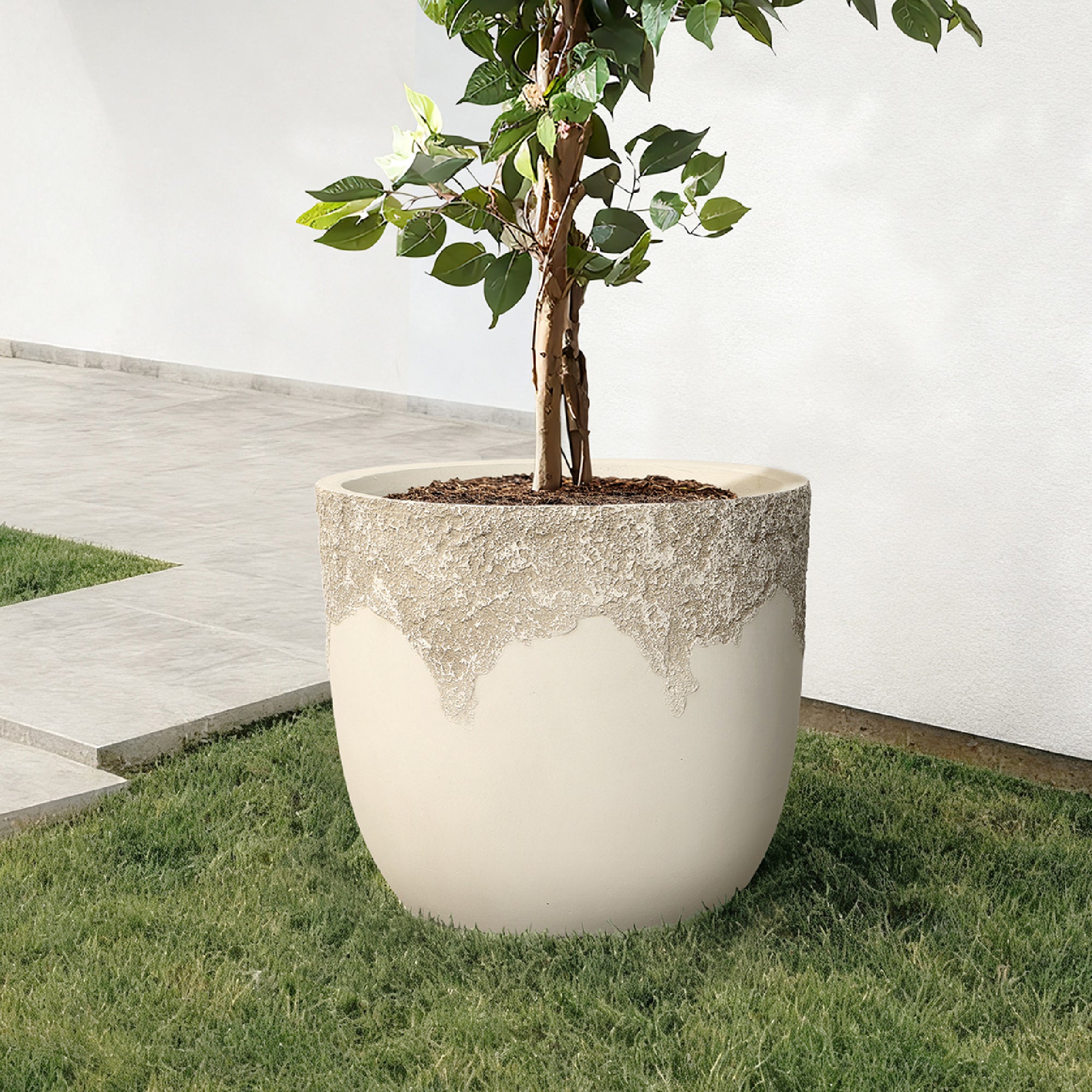 Antique Travertine 15.75" Round Planter, Off-White Tapered Pot