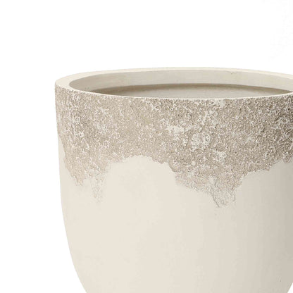 Sierra Round Travertine Stone-Textured Mgo Planter, Off-White, 14.5"