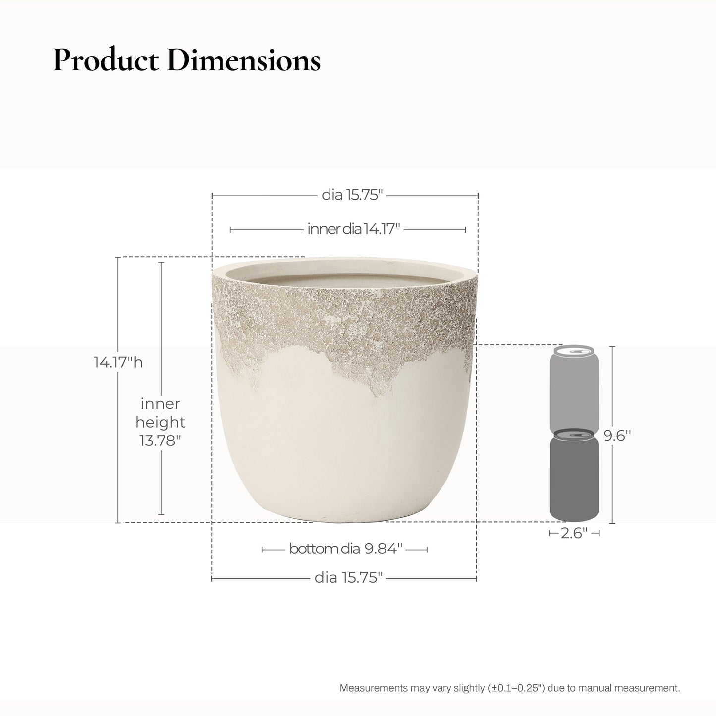 Sierra Round Travertine Stone-Textured Mgo Planter, Off-White, 14.5"