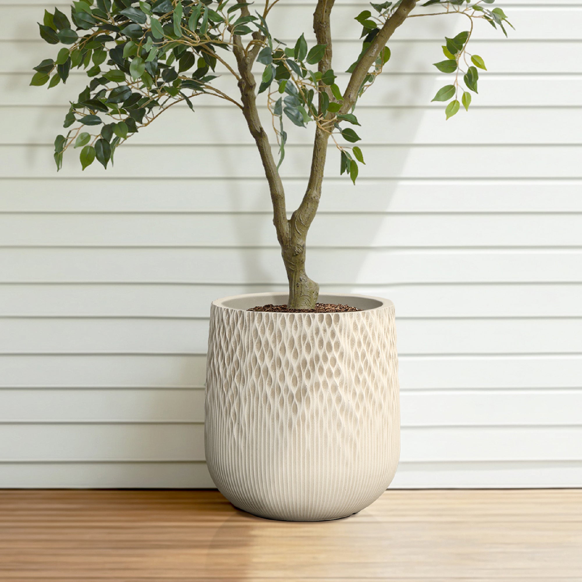 13.38" Round Tapered Planter, Antique Off-White Finish, Gradient Texture