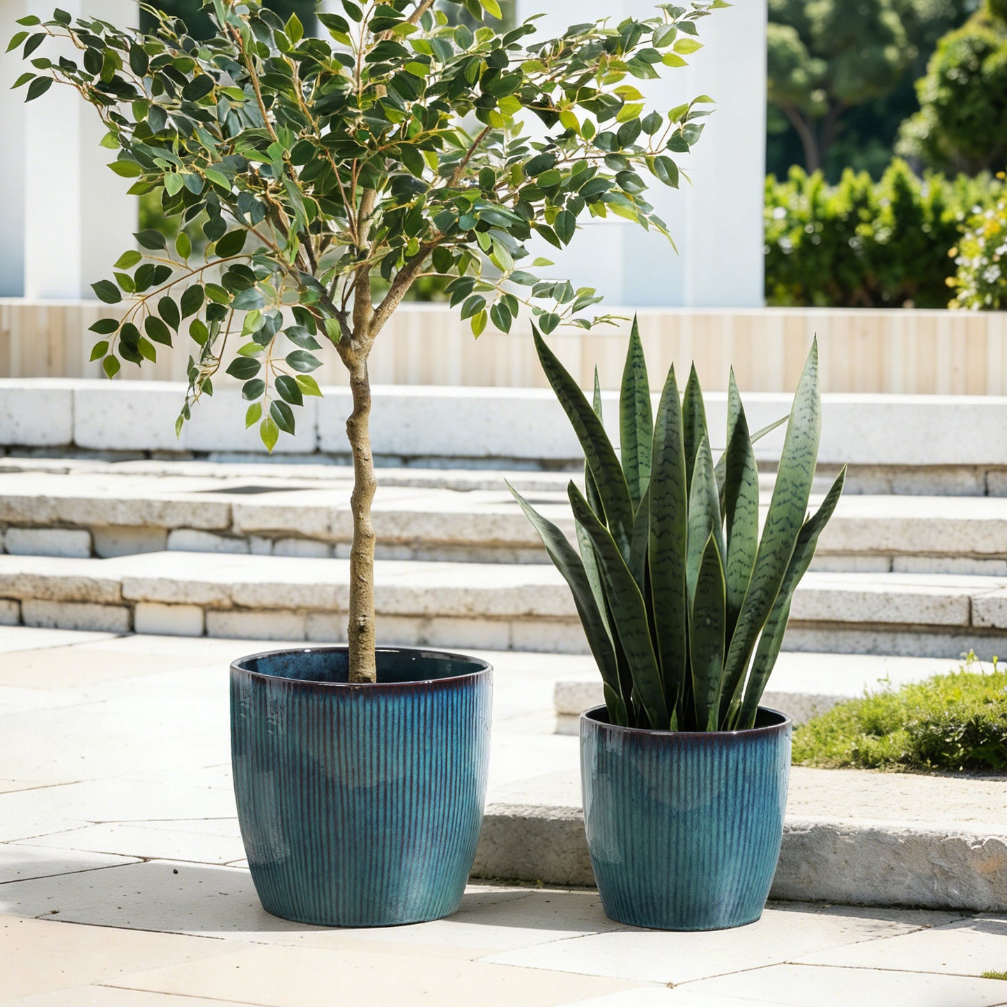 Verdis Glazed Ceramic Round Planter, Blue Ombre, 12"