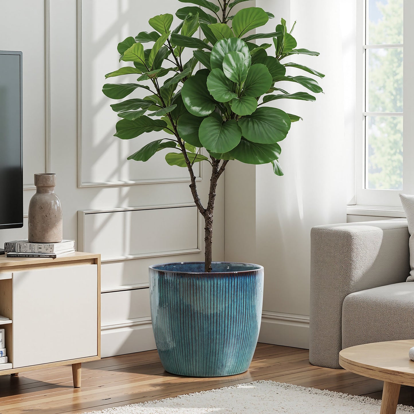 Verdis Glazed Ceramic Round Planter, Blue Ombre, 15"
