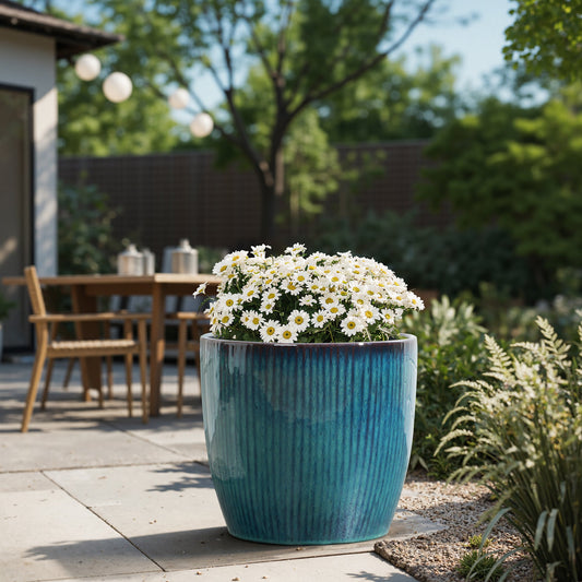 Verdis Glazed Ceramic Round Planter, Blue Ombre, 12"