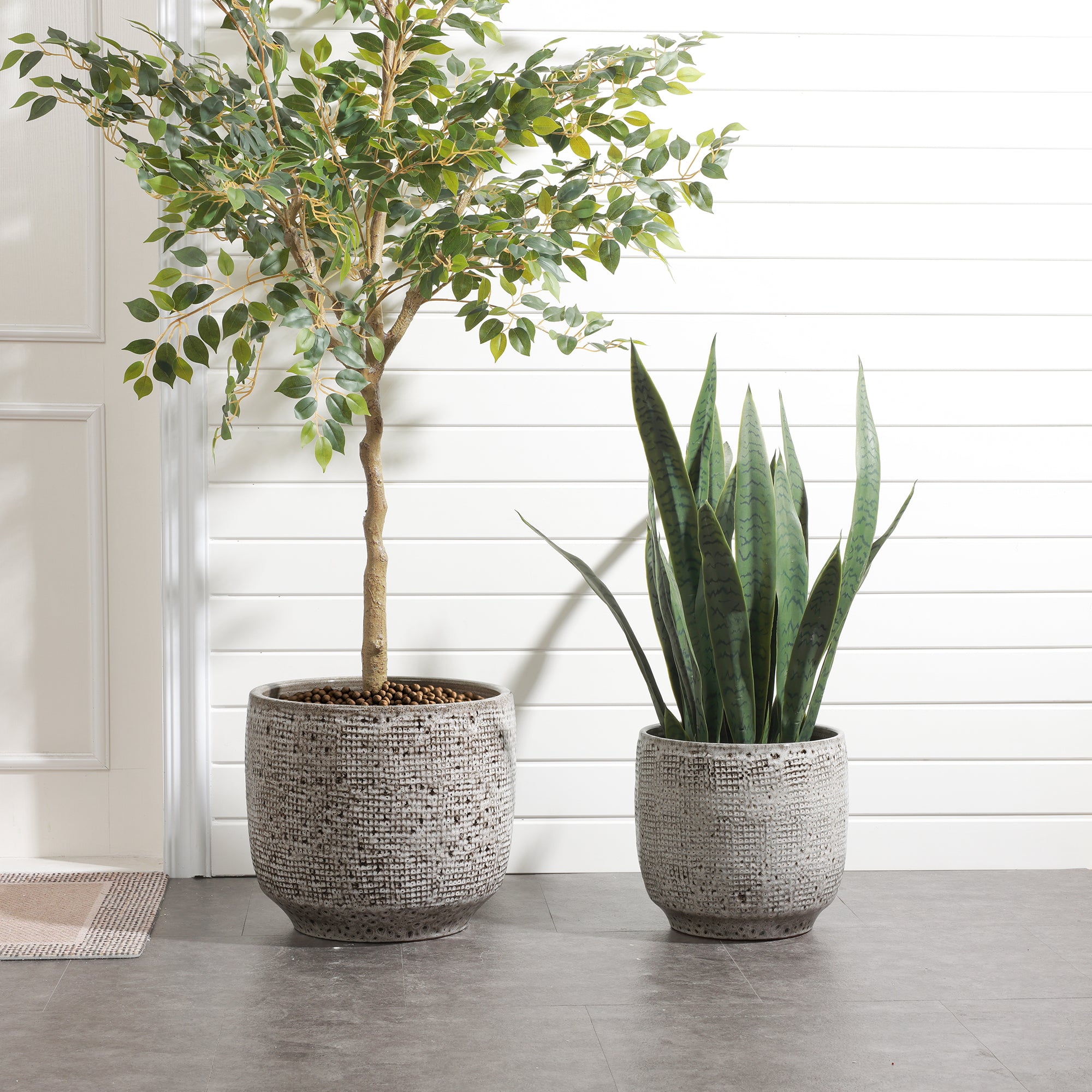 Stone Speckle Textured Ceramic Planter, 15.75" Gray Grid-Pattern Pot