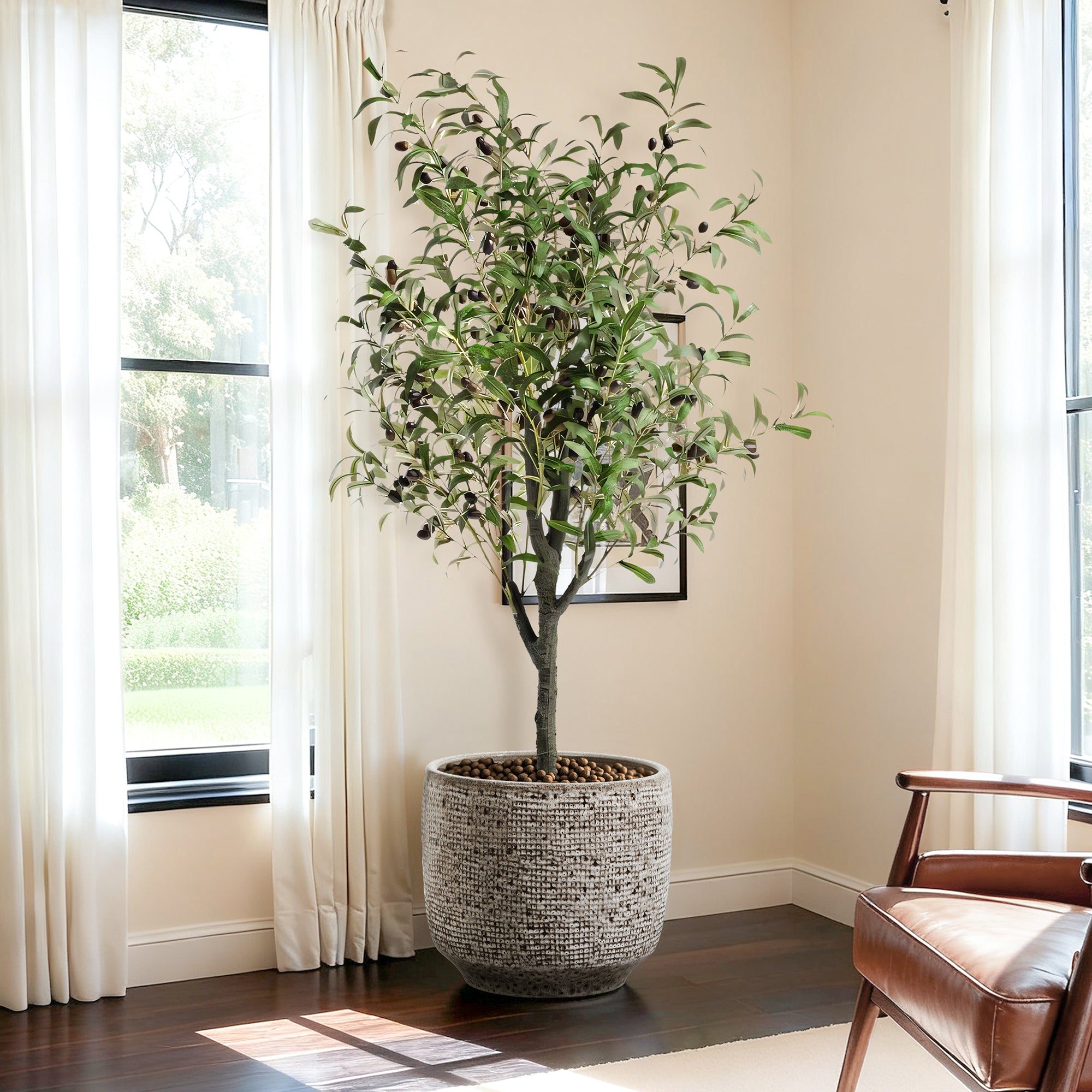 Stone Speckle Textured Ceramic Planter, 15.75" Gray Grid-Pattern Pot