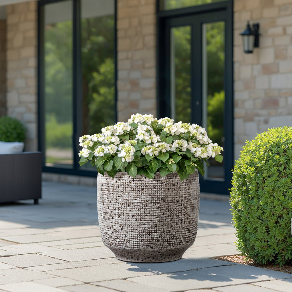 Stone Speckle Textured Ceramic Planter, 15.75" Gray Grid-Pattern Pot