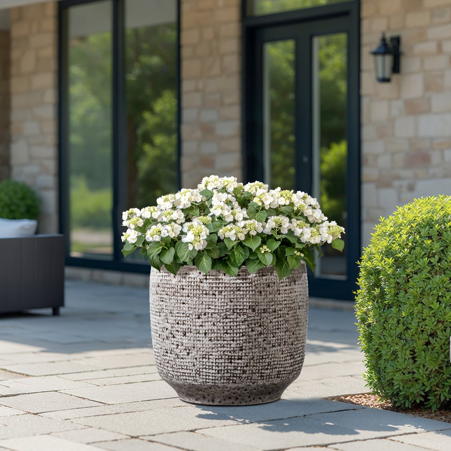 Basin Stone-Textured Ceramic Planter, Grid Gray, 13.5"