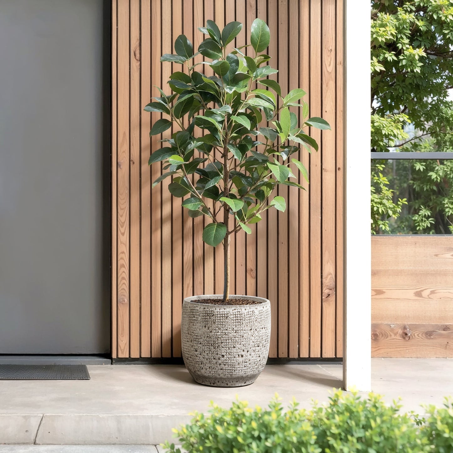 Basin Stone-Textured Ceramic Planter, Grid Gray, 11"