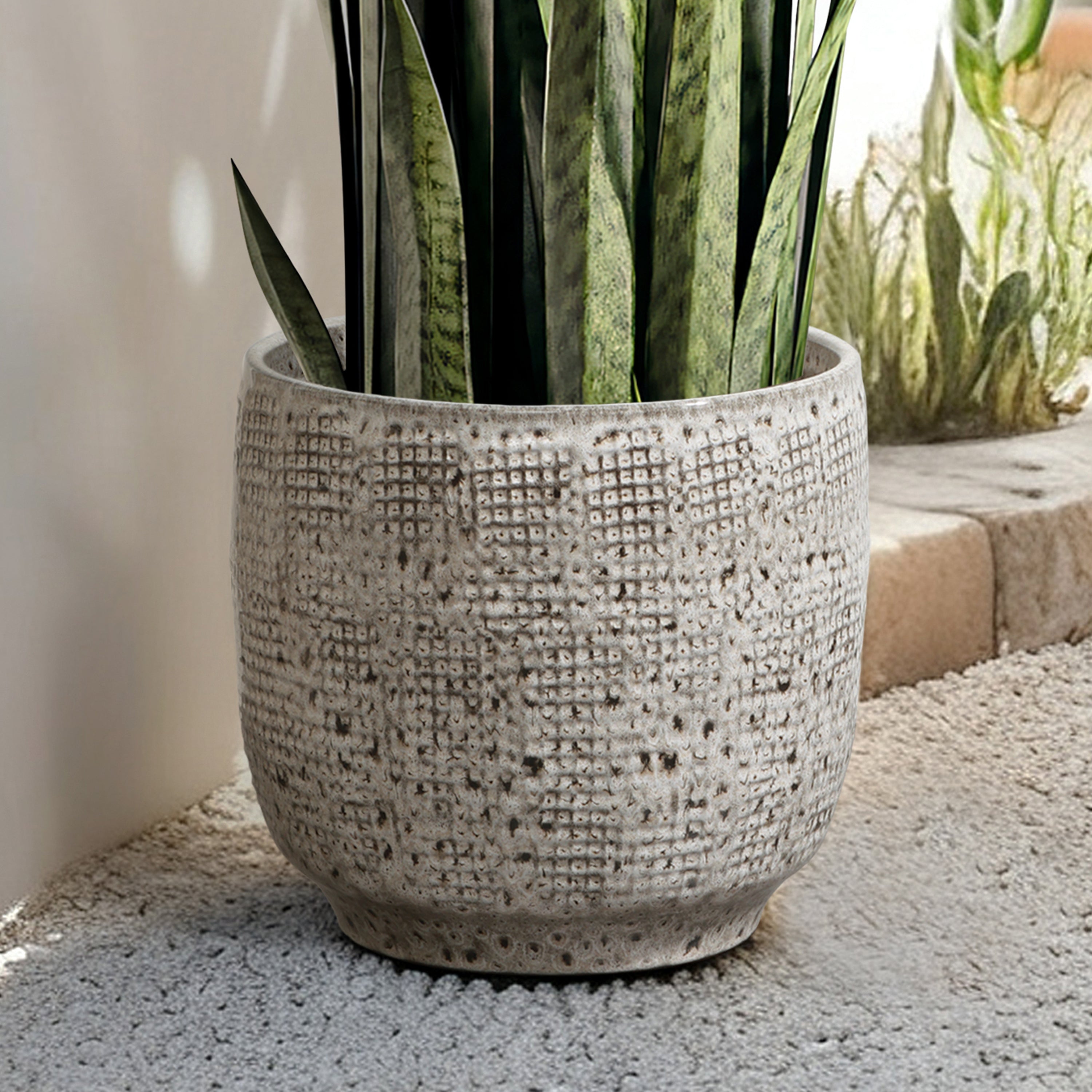 Stone Speckle Textured Ceramic Planter, 12" Gray Grid-Pattern Pot