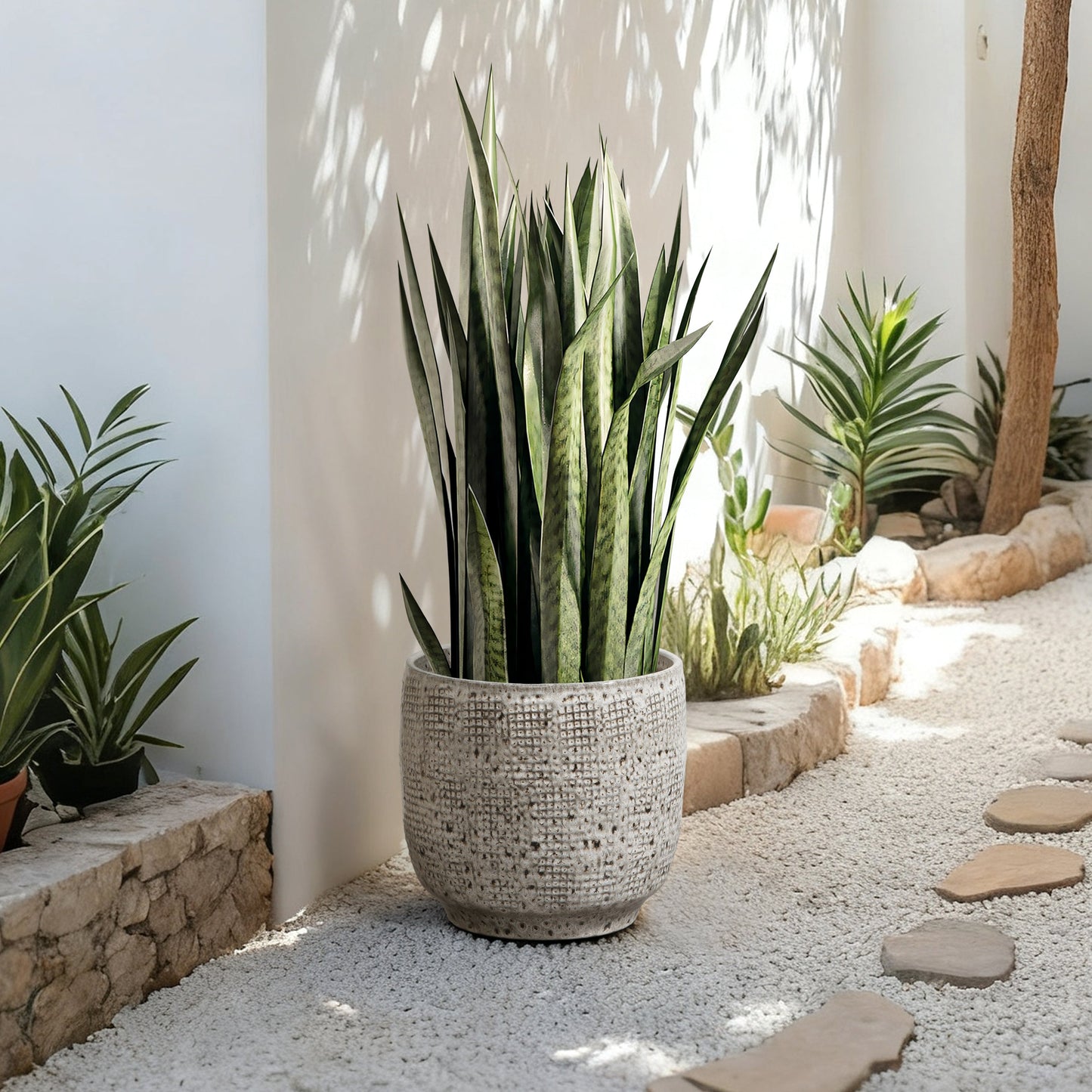 Basin Stone-Textured Ceramic Planter, Grid Gray, 11"