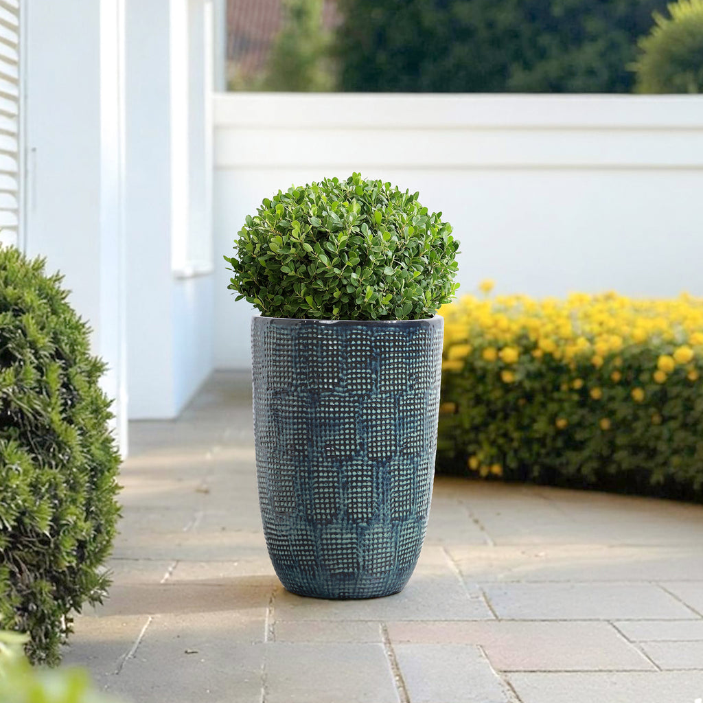 Ocean Grid Textured Ceramic Planter, Green-Blue Pot with Raised Pattern